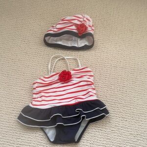 Janie and Jack Red and Navy Striped Kids Swim One Piece and swim hat